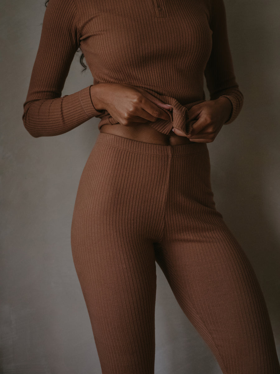 Brown Ribbed Waistband Cotton Leggings